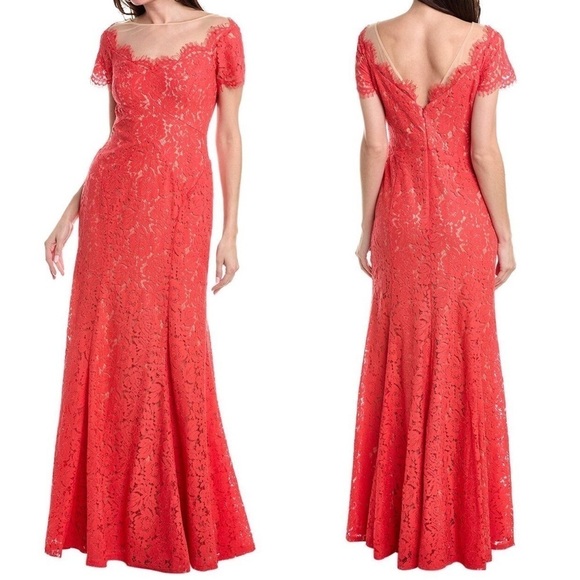 RENE RUIZ COLLECTION NWT Illusion Lace Sheath Gown Coral Size 14 - Picture 1 of 11
